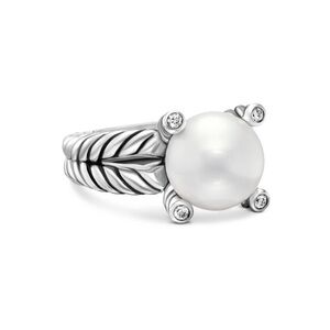 David Yurman Cable freshwater pearl ring diamonds in sterling silver SZ 6